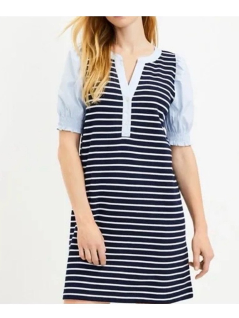LOFT Striped Navy & White Shirt Dress with Light Blue Sleeves
